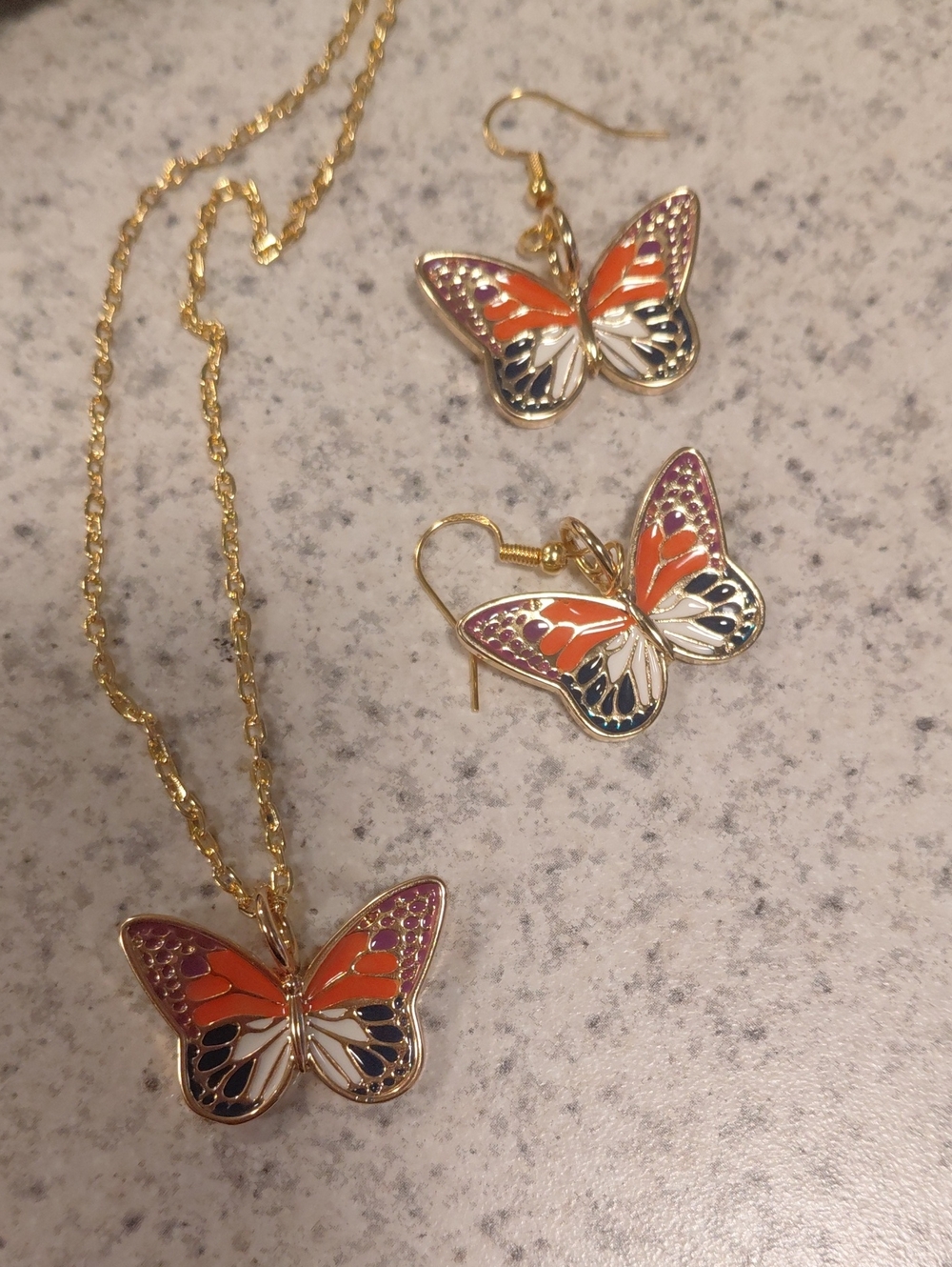 Gold Butterfly Necklace and Earrings Set with Orange and Purple Accents